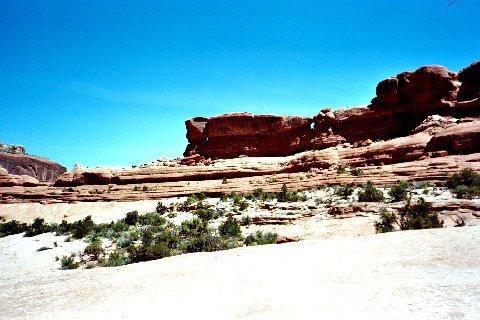 A landscape of red sandstone formations under a clear blue sky, with rocky ledges and patches of green vegetation scattered across the terrain. Monitor &amp; Merrimac/Courthouse Pasture mountain bike trail.