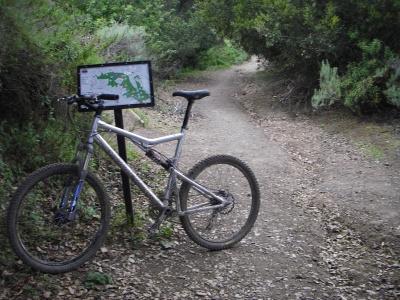 A silver mountain bike is parked next to a trail map on a dirt path surrounded by greenery. The scene captures a moment in a natural setting, inviting outdoor exploration. Water Dog Lake Park mountain bike trail.