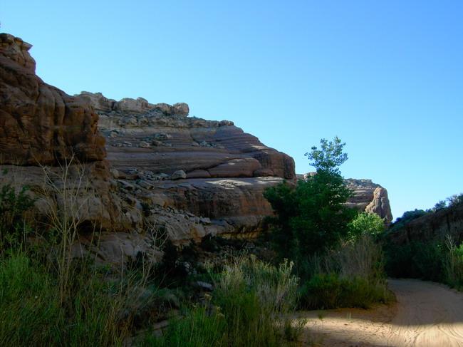 A sandy pathway leading through a rocky canyon landscape, featuring layered cliffs and patches of vegetation under a clear blue sky. Monitor &amp; Merrimac/Courthouse Pasture mountain bike trail.