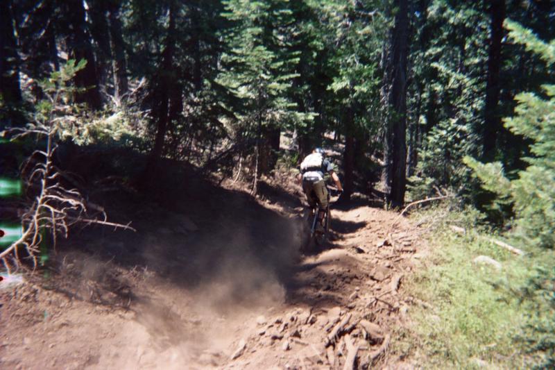 A mountain biker riding down a dusty trail surrounded by tall trees in a forested area. Dust is kicked up behind the bike as it navigates the uneven terrain. Downieville Downhill mountain bike trail.