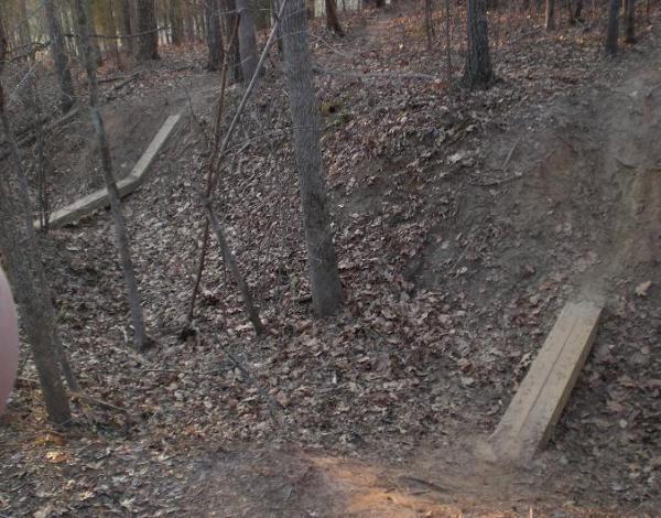 A wooded area with two paths made of wooden planks crossing over a dirt trench. The ground is covered in fallen leaves, and several trees surround the scene. Fisher Farm Park mountain bike trail.