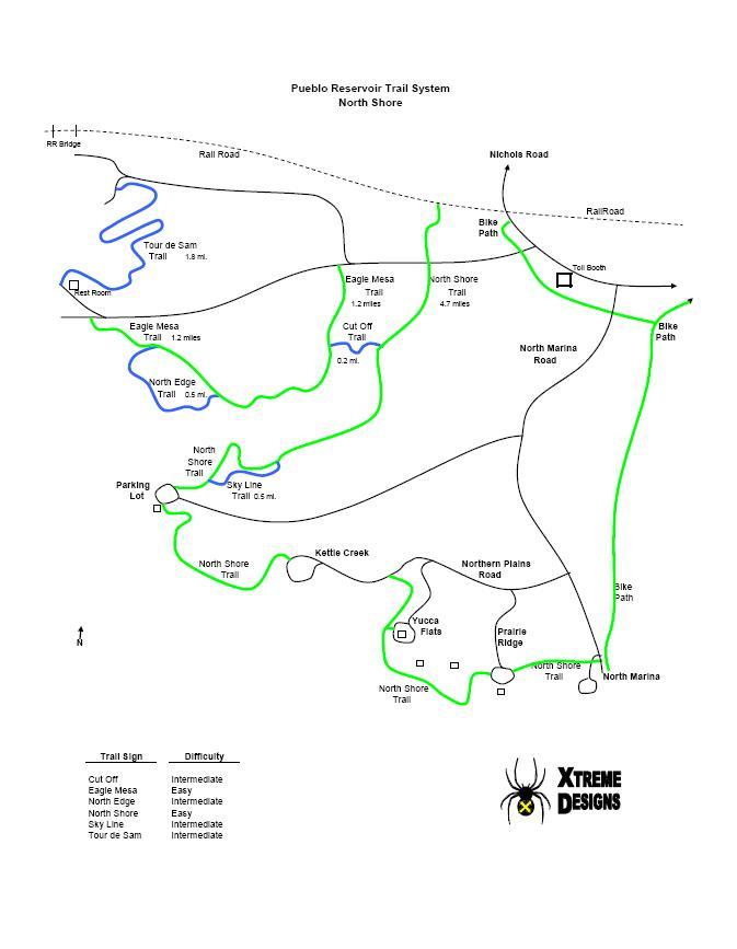 Map of the Pueblo Reservoir Trail System's North Shore, featuring labeled trail paths, including distances and difficulty levels. The map includes landmarks such as parking lots, roads, and trail signs, along with a key for trail types and difficulty classifications. South Shore Lake Pueblo mountain bike trail.
