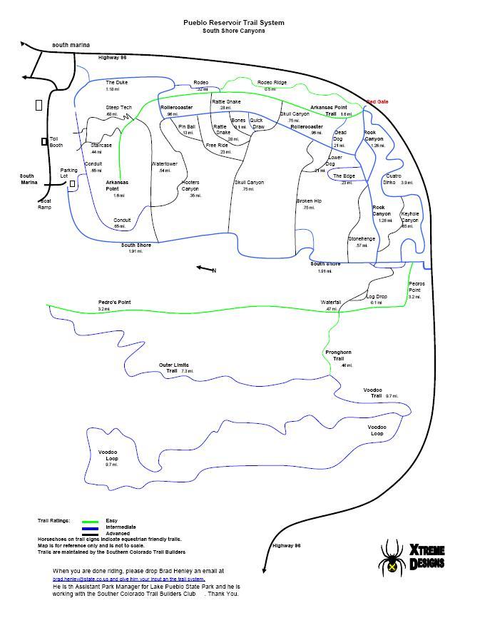 Map of the Pueblo Reservoir Trail System in South Shore Canyons, featuring various trails and their difficulty levels (easy, intermediate, approved for horse use). Trails include The Duke, Rollercoaster, Rattle Snake, Arkansas Point Trail, and more. The map notes trail lengths and includes a north directional arrow. Contact information for the park manager is provided at the bottom. South Shore Lake Pueblo mountain bike trail.