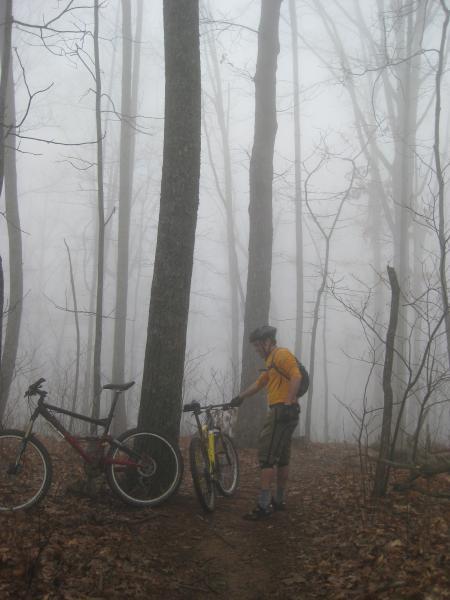A cyclist in a yellow shirt and shorts stands next to their mountain bike on a winding trail surrounded by tall trees in a foggy forest. Another bike rests nearby, while leaves cover the ground, adding to the serene, misty atmosphere. Stanley Gap mountain bike trail.
