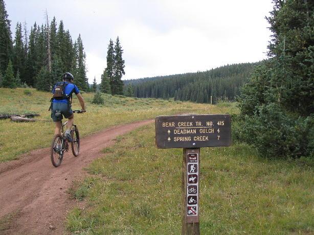 A mountain biker riding along a dirt trail in a forested area, with a signpost indicating directions to Bear Creek Trail No. 415, Deadman Gulch (4 miles), and Spring Creek (7 miles). The landscape features tall trees and a cloudy sky. Reno / Flag / Bear / Deadman Loop mountain bike trail.