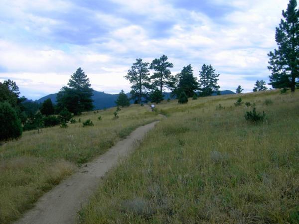 A winding dirt path through a grassy field leading towards a tree-lined hillside, with a cloudy sky overhead and distant mountains visible in the background. Betasso Preserve mountain bike trail.