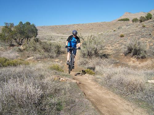 A person riding a mountain bike jumps over a dirt trail in a grassy, hilly landscape under a clear blue sky. Prime Cut mountain bike trail.
