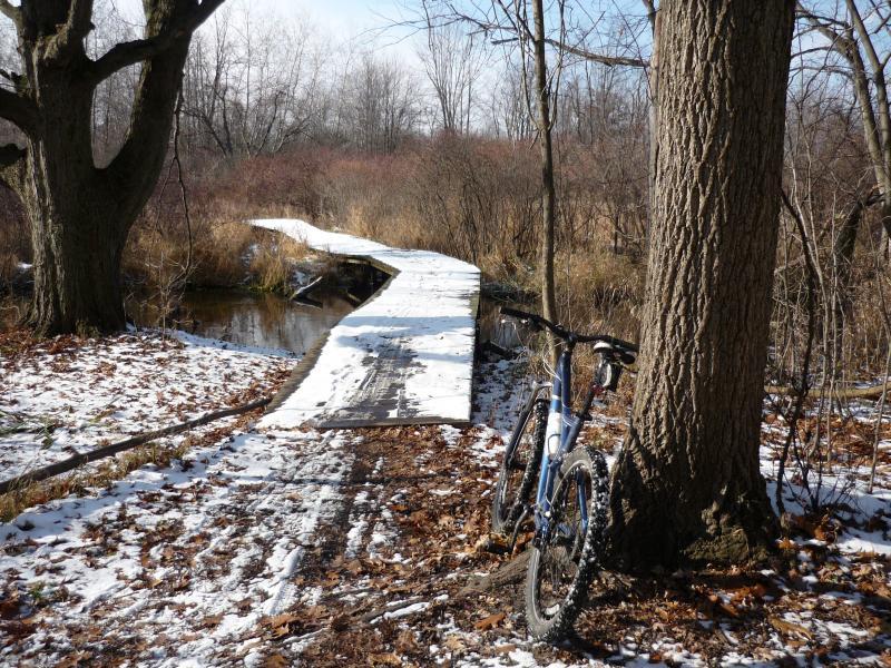 A mountain bike rests against a large tree on a snowy path, leading to a wooden bridge over a shallow stream. Surrounding vegetation is sparse with fallen leaves on the ground, and the scene is set in a wintry landscape with bare trees in the background. Novi Tree Farm (Lakeshore Park) mountain bike trail.