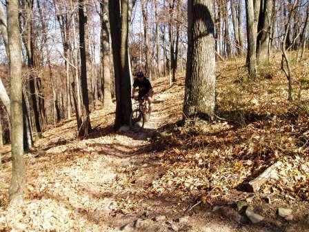 A mountain biker navigating a narrow dirt trail through a wooded area, surrounded by trees with autumn foliage and scattered leaves on the ground. Brown County Park mountain bike trail.