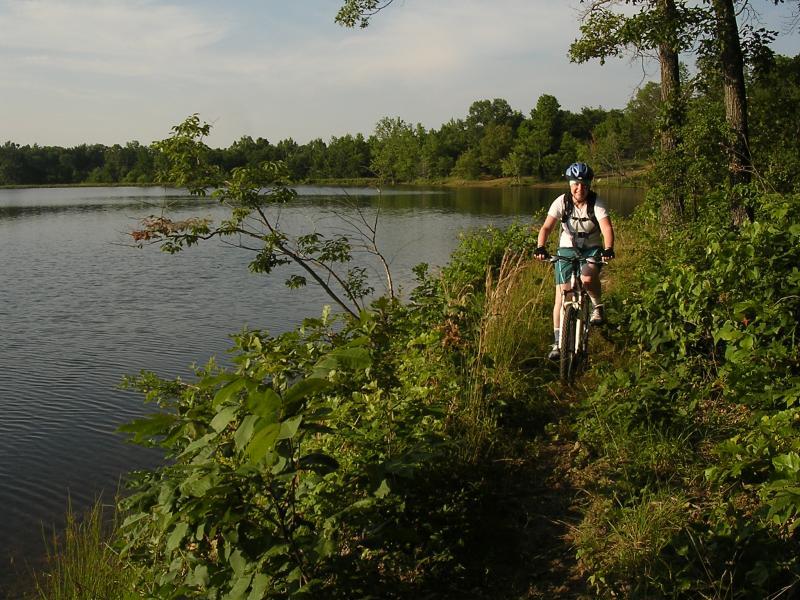 A person riding a mountain bike along a narrow path beside a calm lake, surrounded by green trees and bushes under a clear sky. Grapevine Lake  A&amp;b mountain bike trail.