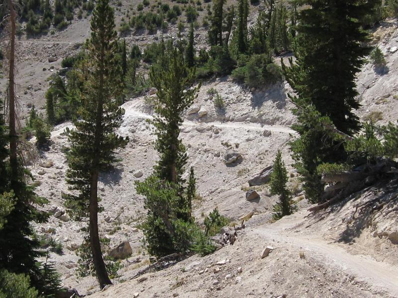 A winding dirt path runs through a hilly landscape surrounded by tall green trees. The terrain is rugged, featuring rocky formations and patches of bare soil, indicating a mountainous environment. Mammoth Mountain Resort mountain bike trail.