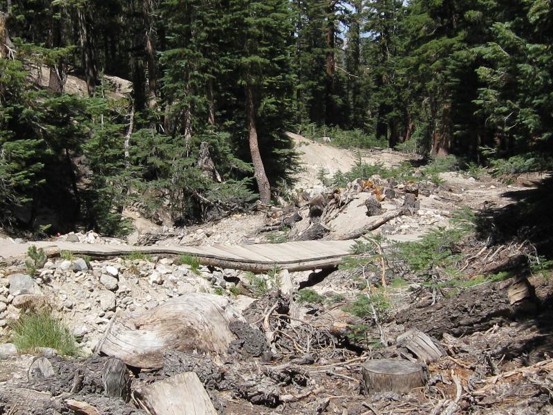 A wooden bridge spans a rocky creek bed in a forested area, surrounded by tall evergreen trees and fallen logs. The scene captures a natural landscape with a mix of greenery and rocky terrain, illustrating the rustic beauty of the outdoors. Mammoth Mountain Resort mountain bike trail.