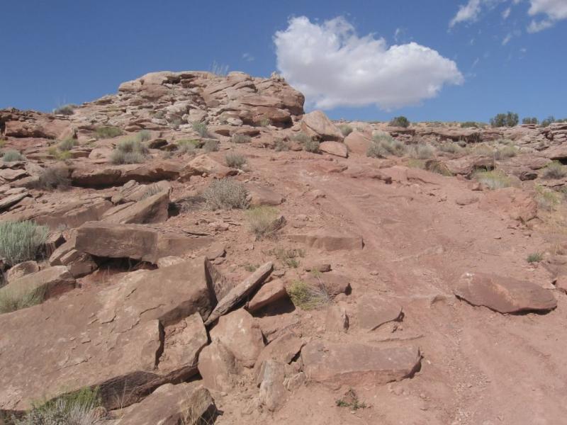 A rocky, dry terrain leads up to a large stone formation under a blue sky with a few scattered clouds. Low vegetation, including small grasses and shrubs, grows amid the reddish-brown rocks. The scene conveys a sense of natural ruggedness typical of desert landscapes. Sovereign Single Track mountain bike trail.