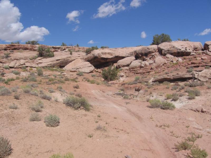 A rocky landscape featuring large boulders and sparse vegetation under a bright blue sky with scattered clouds. The ground is mostly dry and reddish-brown, with a winding dirt path leading through the terrain. Small shrubs and grasses are visible among the rocks. Sovereign Single Track mountain bike trail.