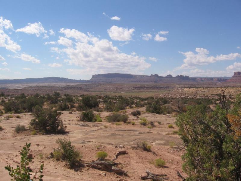 A wide desert landscape under a partly cloudy sky, featuring rocky outcrops in the distance and sparse vegetation in the foreground. The scene conveys a sense of vastness and rugged natural beauty. Sovereign Single Track mountain bike trail.