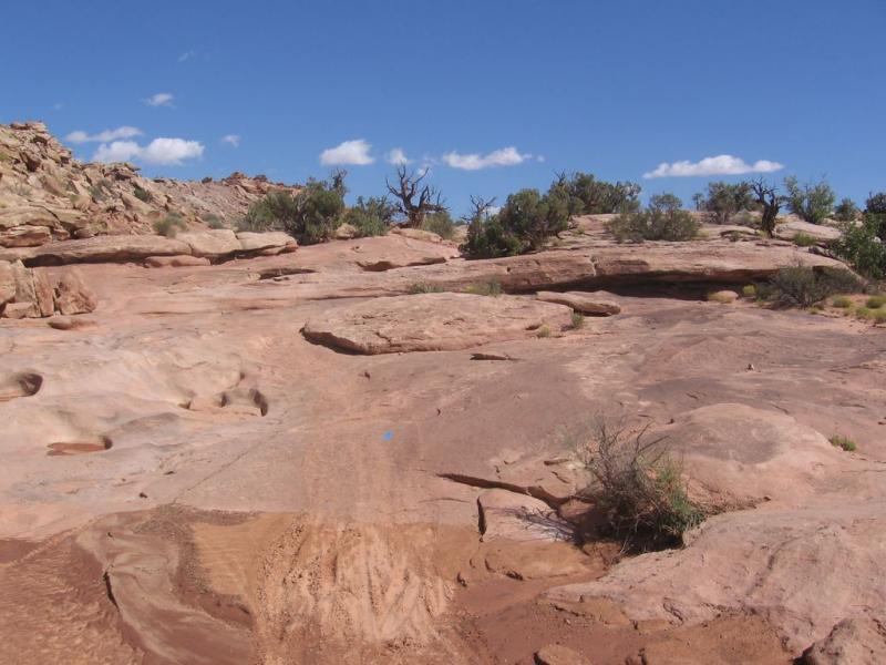 A rocky landscape featuring a wide, flat area of reddish-brown terrain, with scattered bushes and greenery. The sky is bright blue with a few fluffy white clouds. The scene illustrates a natural, rugged environment, likely in a desert or arid region, with prominent rock formations in the background. Sovereign Single Track mountain bike trail.