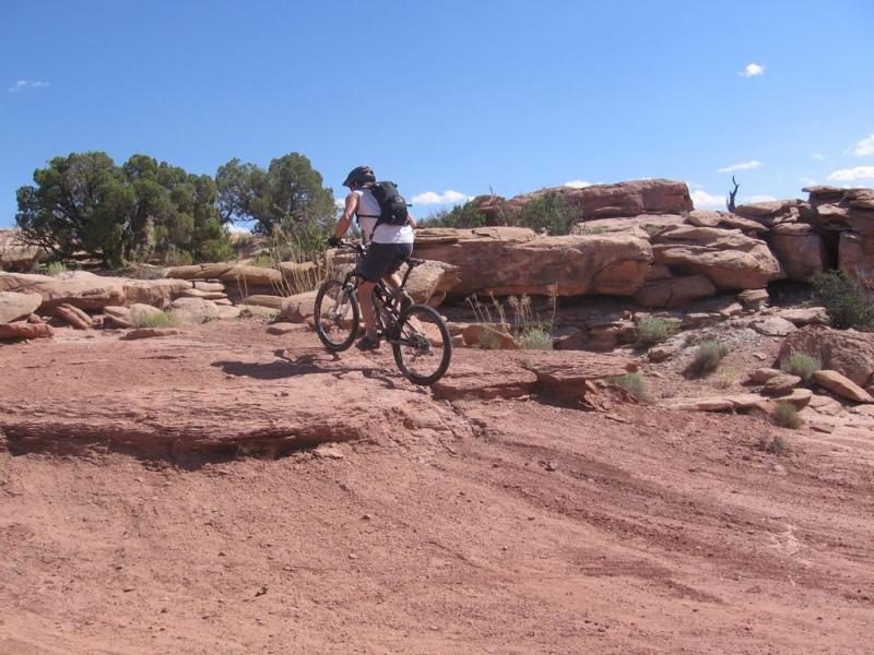 A mountain biker navigating a rocky trail in a desert landscape, with red soil and scattered vegetation under a clear blue sky. Sovereign Single Track mountain bike trail.