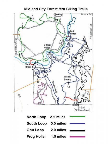 Map of Midland City Forest mountain biking trails, featuring several loops including the North Loop (3.2 miles), South Loop (5.5 miles), Gnu Loop (2.9 miles), and Frog Holler (1.5 miles). Marked trails and landmarks, intersections, and parking areas are indicated, with a scale for distance. Midland City Forest mountain bike trail.