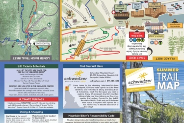 Alt text: A summer trail map for Schweitzer Mountain Resort, featuring detailed information on trails, popular destinations, dining, and lodging options. Includes maps showing bike trails, a village inset, and additional resources for visitors. Schweitzer Mountain Resort mountain bike trail.