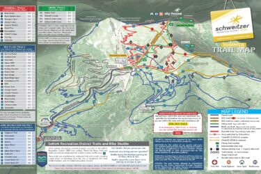 Alt text: "Trail map of Schweitzer Mountain Resort in Idaho, showing various downhill, hiking, and multi-use trails, along with key locations, distances, and important information for outdoor activities during the summer." Schweitzer Mountain Resort mountain bike trail.