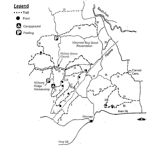 A detailed map displaying the trails, ponds, and campgrounds within the Maumee Boy Scout Reservation, including notable locations such as Hickory Ridge Horsecamp and South Park. Key features are represented with symbols: circles for ponds, 'A' for campgrounds, and 'P' for parking areas. Major roads and nearby areas like Norman and Cornett Cemetery are also indicated. Hickory Ridge mountain bike trail.