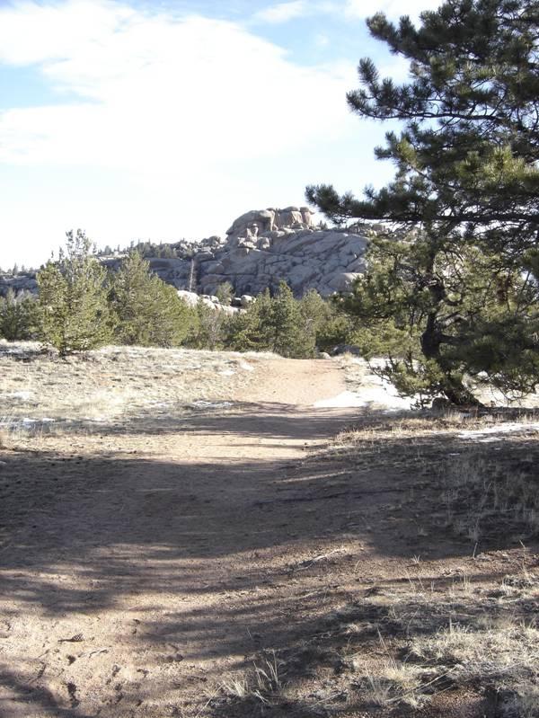 A dirt path winding through a wooded area, flanked by pine trees, leading towards a rocky outcrop in the distance under a clear blue sky. Vedauwoo mountain bike trail.