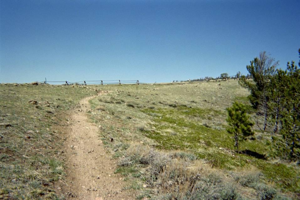 A winding dirt path leads through a grassy landscape under a clear blue sky, with a fence visible in the distance. Sparse trees dot the area, and the scene conveys a sense of open space and tranquility. Happy Jack Recreation Area mountain bike trail.