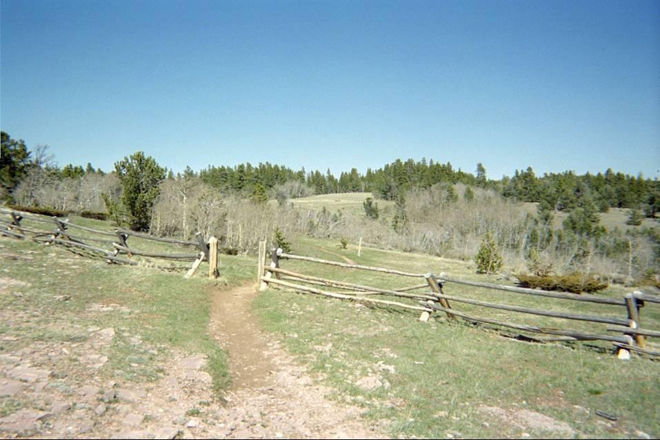 A dirt pathway leads through a serene landscape, flanked by a rustic wooden fence. The scene features patches of grass, a mix of trees, and a clear blue sky, suggesting a peaceful, natural setting. The distant hills are partially covered with foliage, adding depth to the tranquil environment. Happy Jack Recreation Area mountain bike trail.