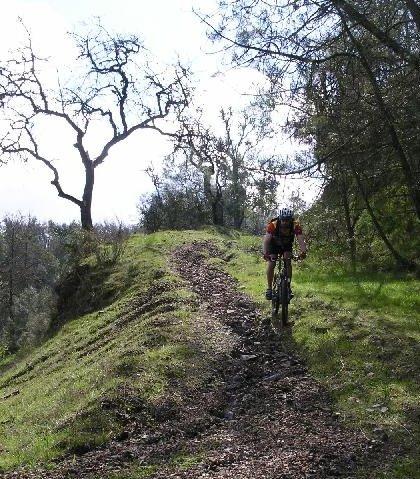 A mountain biker riding up a narrow dirt path on a grassy hillside, surrounded by trees and greenery under a partly cloudy sky. Pachecho Falls mountain bike trail.