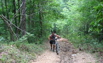 A person pushing a mountain bike up a narrow dirt trail surrounded by lush green trees and vegetation. Busiek State Forest mountain bike trail.