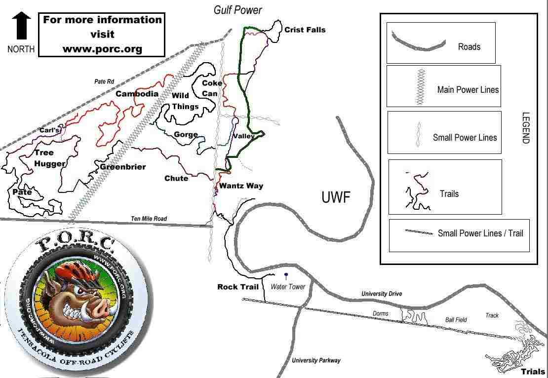 Map of the Pensacola Off-Road Cyclists (P.O.R.C.) trails, featuring various trails, roads, and power lines in the area near the University of West Florida (UWF). The map includes detailed markings for trails such as "Cambodia," "Wild Things," and "Wantz Way," along with roads and power lines indicated in the legend. The north direction is marked, and there's an invitation to visit the website for more information. UWF Mountain Bike Trails mountain bike trail.