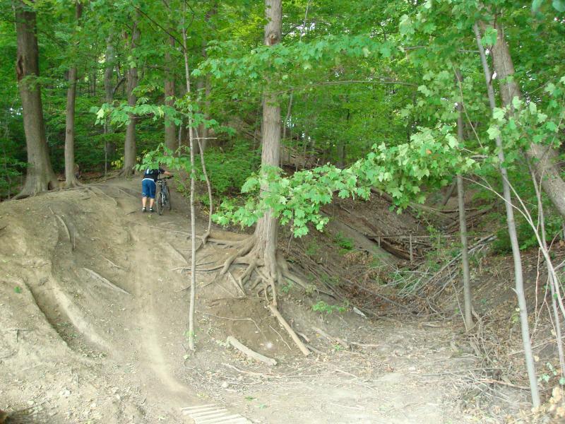A person with a bicycle stands on a dirt path in a wooded area, surrounded by tall trees and lush green foliage. The path is uneven, with visible roots and tracks leading up a slope. Don Valley mountain bike trail.