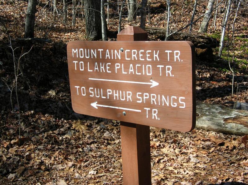 Wooden trail sign indicating directions to Mountain Creek Trail, Lake Placid Trail, and Sulphur Springs Trail, surrounded by a forest setting with fallen leaves on the ground. Paris Mountain State Park mountain bike trail.