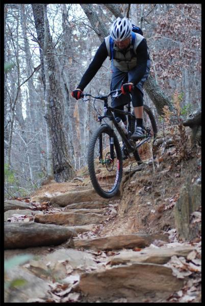 A mountain biker navigating a rocky trail in a wooded area, wearing a helmet and cycling gear. The bike is mid-way over a large stone, with trees in the background and fallen leaves scattered on the ground. Paris Mountain State Park mountain bike trail.