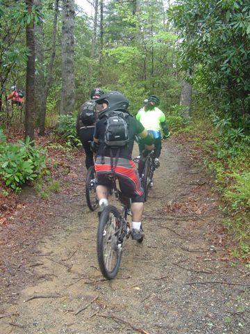 Three mountain bikers riding up a narrow, dirt trail surrounded by lush green foliage and trees, with one rider in a bright yellow shirt at the front. The scene suggests an outdoor adventure in a forested area. Black Mountain mountain bike trail.