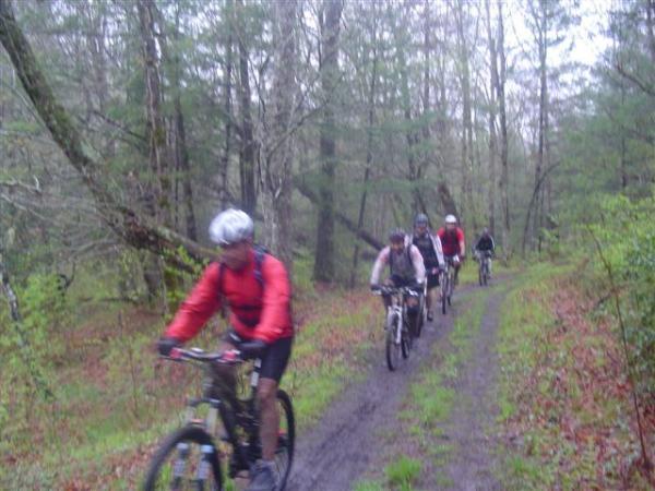 A group of mountain bikers riding along a muddy trail in a forested area, surrounded by trees and greenery. Some riders are wearing helmets and colorful athletic gear, while the atmosphere appears cloudy and damp. Black Mountain mountain bike trail.