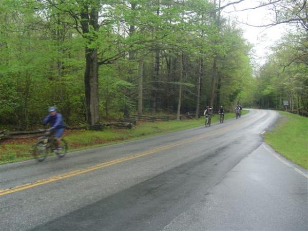 Group of cyclists riding along a wet, winding road surrounded by lush green trees and foliage. The scene captures the peaceful atmosphere of nature during a rainy day, with several bikers visible in the distance. Black Mountain mountain bike trail.
