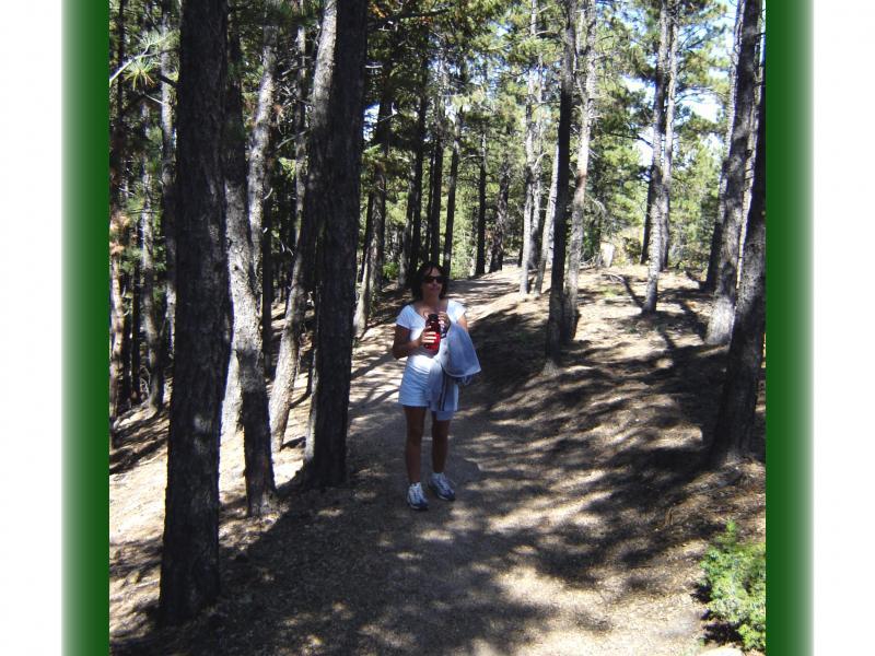 A person standing on a wooded trail surrounded by tall trees, holding a drink in one hand and a light jacket draped over the other arm. The scene is sunny with dappled light filtering through the branches. Spruce Mountain Trail Upper Loop mountain bike trail.