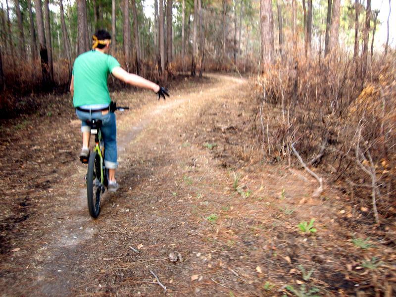 A person riding a bicycle along a narrow dirt path in a wooded area, with trees on either side and signs of recent brush clearance. The individual is wearing a green shirt and black gloves, with their arm extended outwards. The path curves to the right, and the scenery includes fallen leaves and sparse vegetation. Marrington Trail mountain bike trail.
