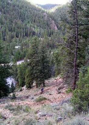 A cyclist navigates a rocky slope surrounded by dense pine trees, with a river visible in the valley below and mountains in the distance. Doctor Park mountain bike trail.