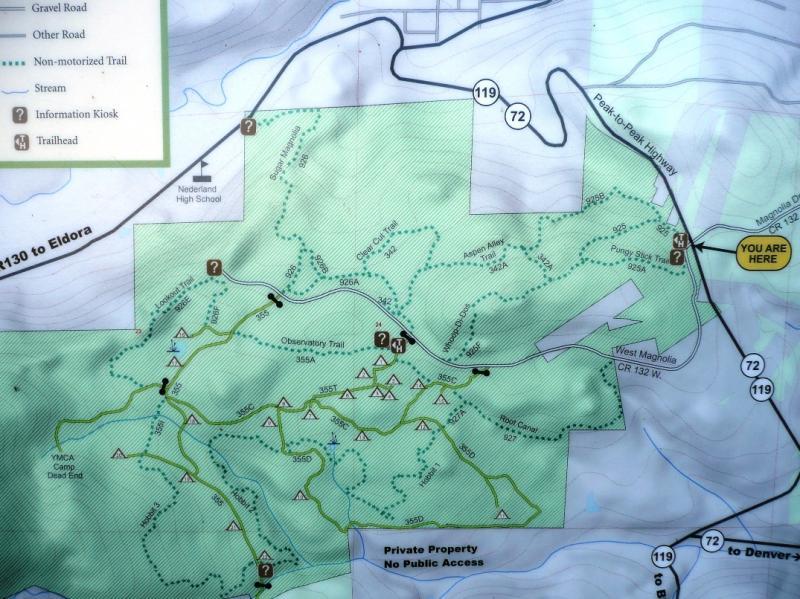 A detailed map of a hiking area featuring trails, roads, and landmarks. Key elements include marked non-motorized trails, streams, trailheads, and an information kiosk. Notable locations include the Observatory Trail and nearby towns such as Nederland and West Magnolia. The map highlights various features, including private property boundaries and elevation contours. A "You Are Here" marker indicates the viewer's current location on the map. West Magnolia mountain bike trail.