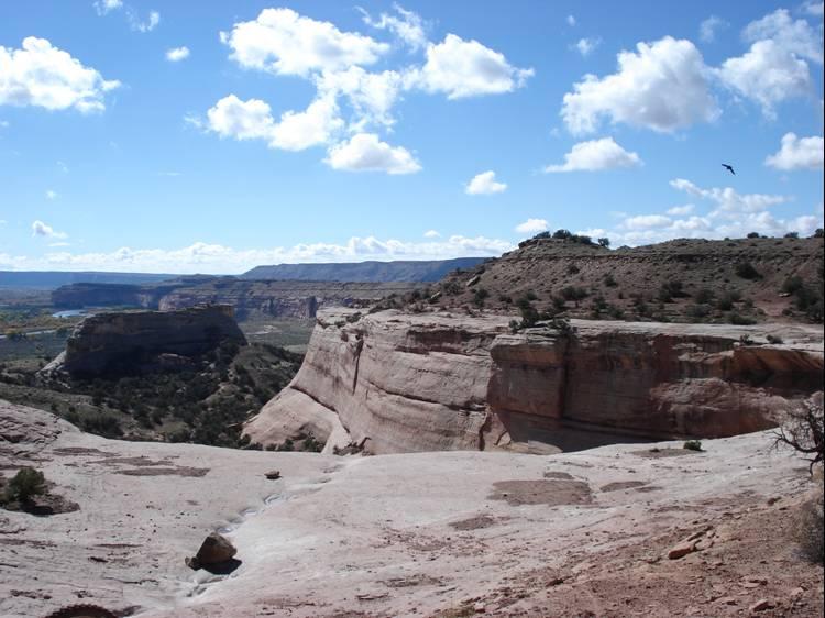 A scenic landscape featuring rocky cliffs and rolling hills under a bright blue sky with scattered clouds. The foreground shows a smooth, sandy terrain, while the background showcases distant canyons and ridges. A bird can be seen flying in the sky above. Western Rim mountain bike trail.