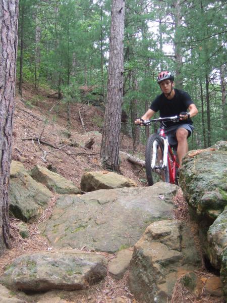A mountain biker navigating rocky terrain in a forested area, surrounded by tall pine trees. The rider is wearing a helmet and a black shirt, with a focused expression as they navigate over boulders and rough ground. Levis Mounds mountain bike trail.