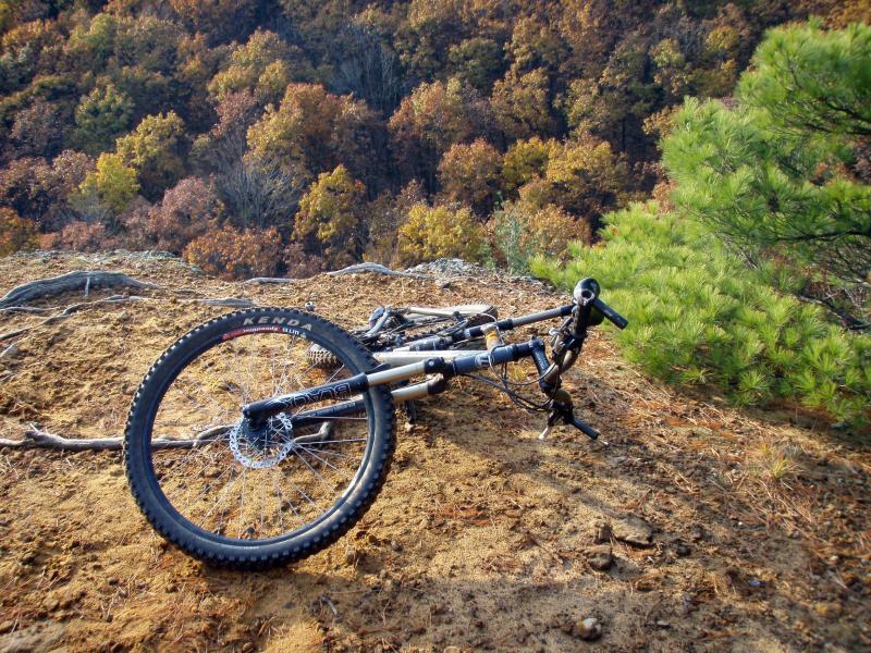A mountain bike lying on the ground near a rocky cliff, surrounded by autumn vegetation with colorful foliage in the background. Levis Mounds mountain bike trail.