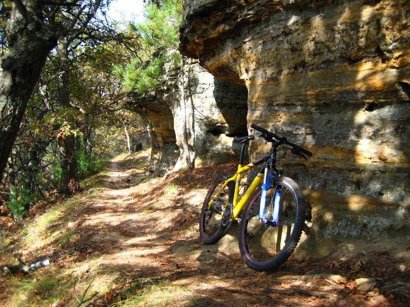A yellow mountain bike leaning against a rocky outcrop on a forest path, surrounded by trees and autumn foliage. Levis Mounds mountain bike trail.