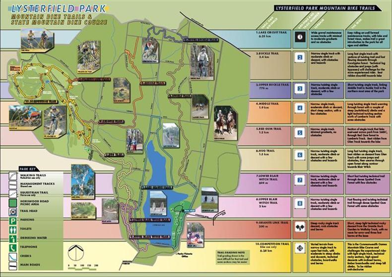 Map of Lysterfield Park, featuring mountain bike trails and walking paths. The map includes detailed trail descriptions, difficulty ratings, and images of various trail sections. Key features such as parking, toilets, and picnic areas are indicated, along with a legend for easy navigation. Lysterfield Mountain Bike Area mountain bike trail.