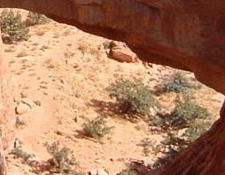 A rocky landscape featuring an arch formation with sparse vegetation and sandy terrain below. Gemini Bridges mountain bike trail.