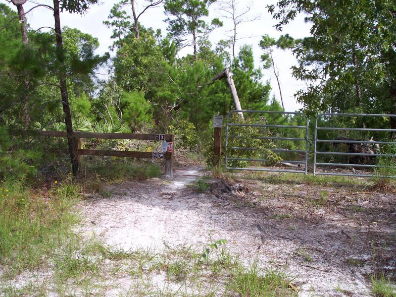 An entrance to a wooded area, featuring a wooden gate and a metal gate on a sandy path. Surrounding the gates are tall trees and shrubs, highlighting the natural scenery. Signs are visible on the gate, indicating regulations or cautions about the area. Turkey Creek mountain bike trail.