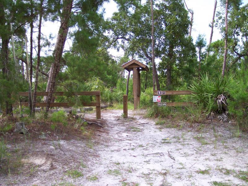 A wooden entrance gate with a small roof structure leading into a forested path. The gate is flanked by wooden fencing, with signage nearby indicating rules for entering the area. Surrounding the path are tall trees and lush greenery, creating a natural, inviting atmosphere. The ground is sandy and clear, suggesting a well-used trail. Turkey Creek mountain bike trail.