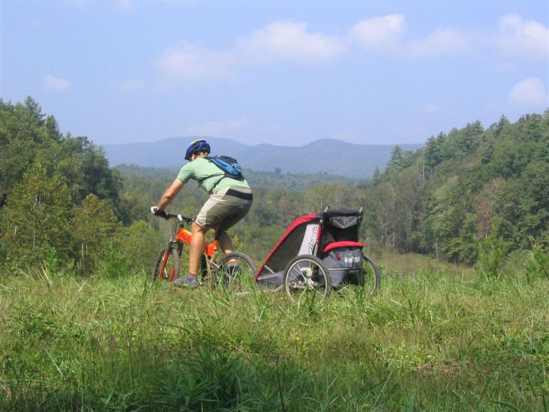 A person riding a bicycle through a grassy area, pulling a child trailer behind them. The background features lush trees and mountains in the distance under a clear blue sky. Jones Creek Ridge Trail mountain bike trail.